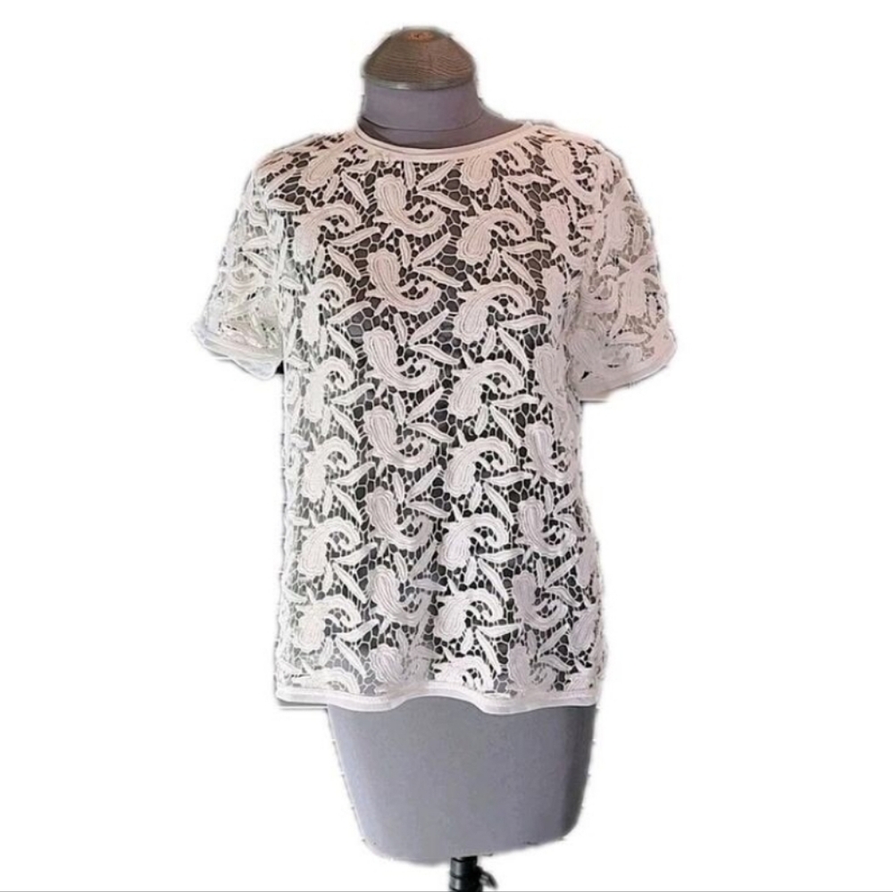 NWT Ann Taylor LOFT Petite Cream Embroidered Paisley Lace Blouse Preppy Boho
